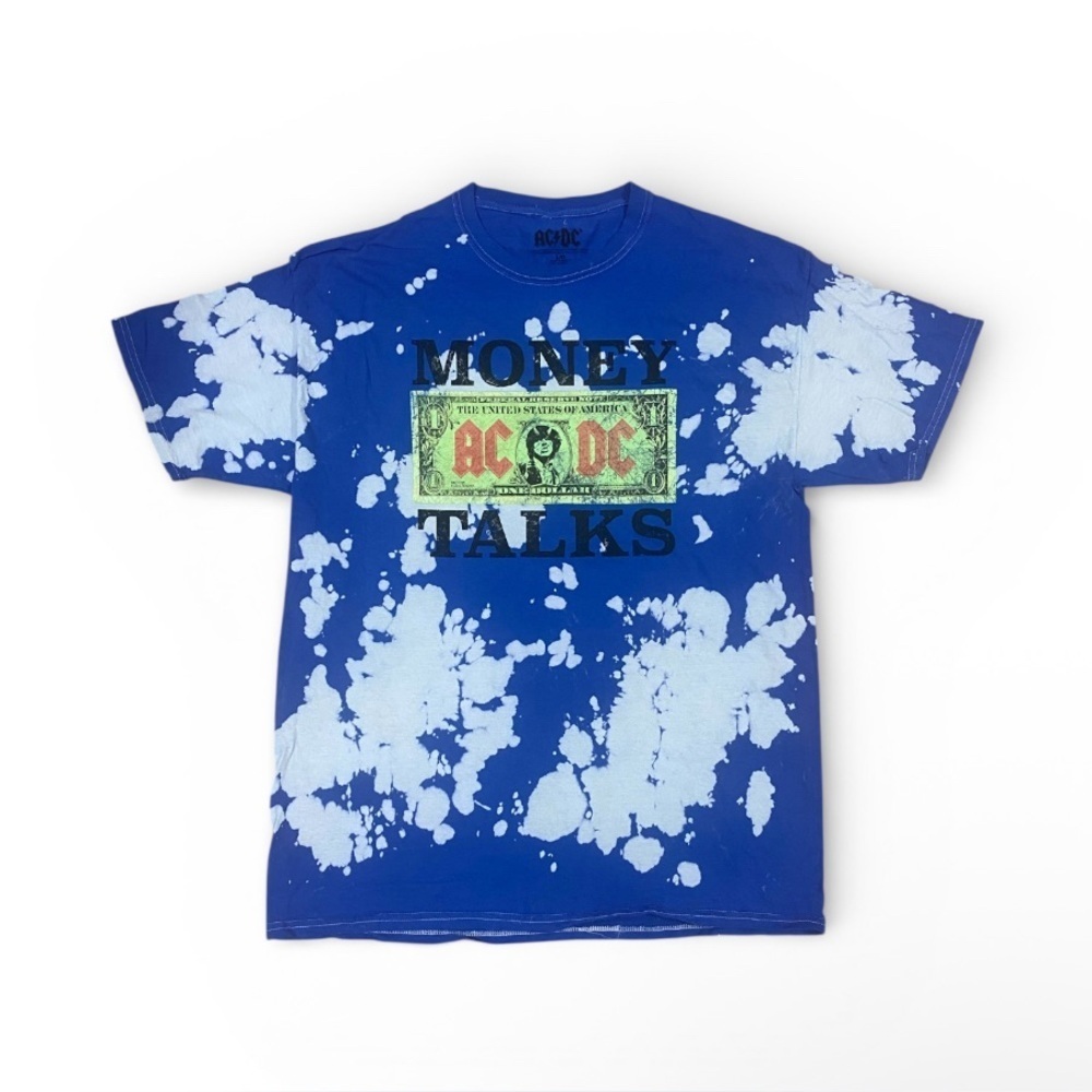 AC/DC Money Talks Tie Dye Large Graphic Tee Blue Bleach Dye Band Shirt